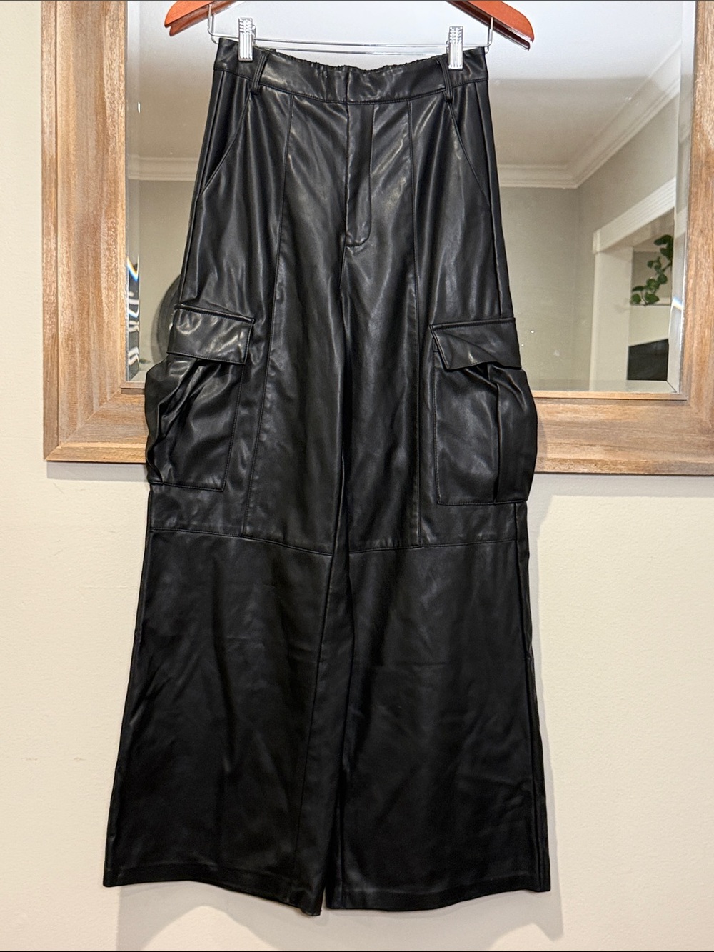 DO+BE Black Faux Leather Wide-Leg Cargo Pants